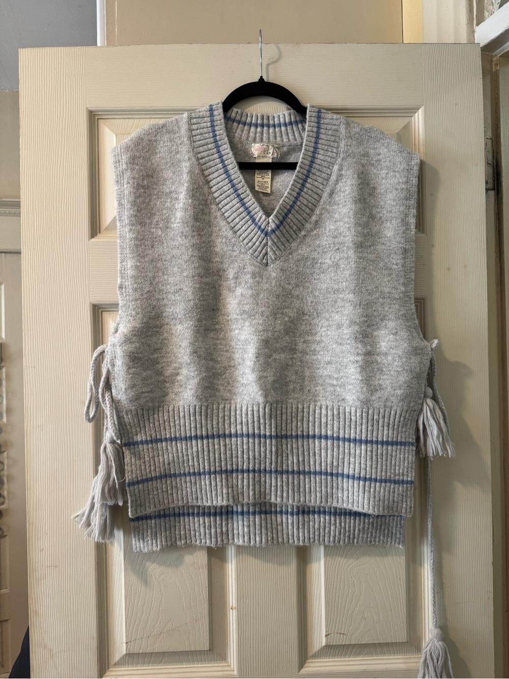 Gray Knit V-Neck Sweater Vest with Blue Trim